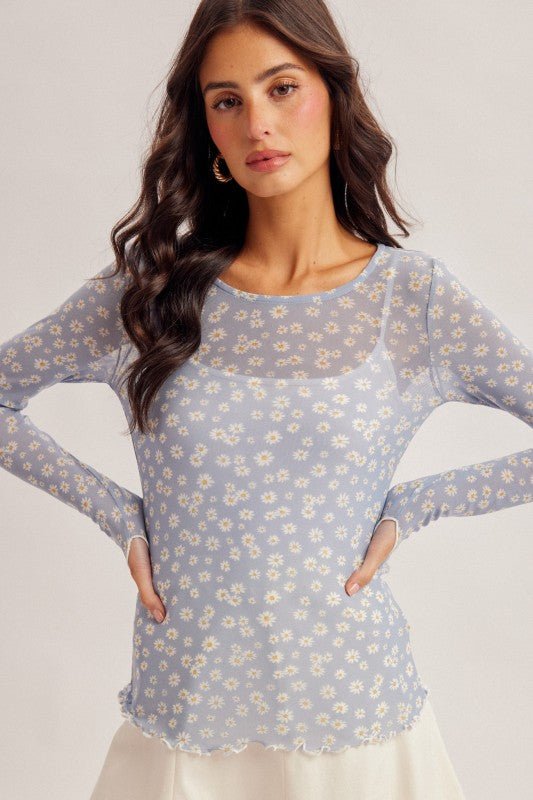 Blue Daisy Mesh Thumbhole Top - The Nines