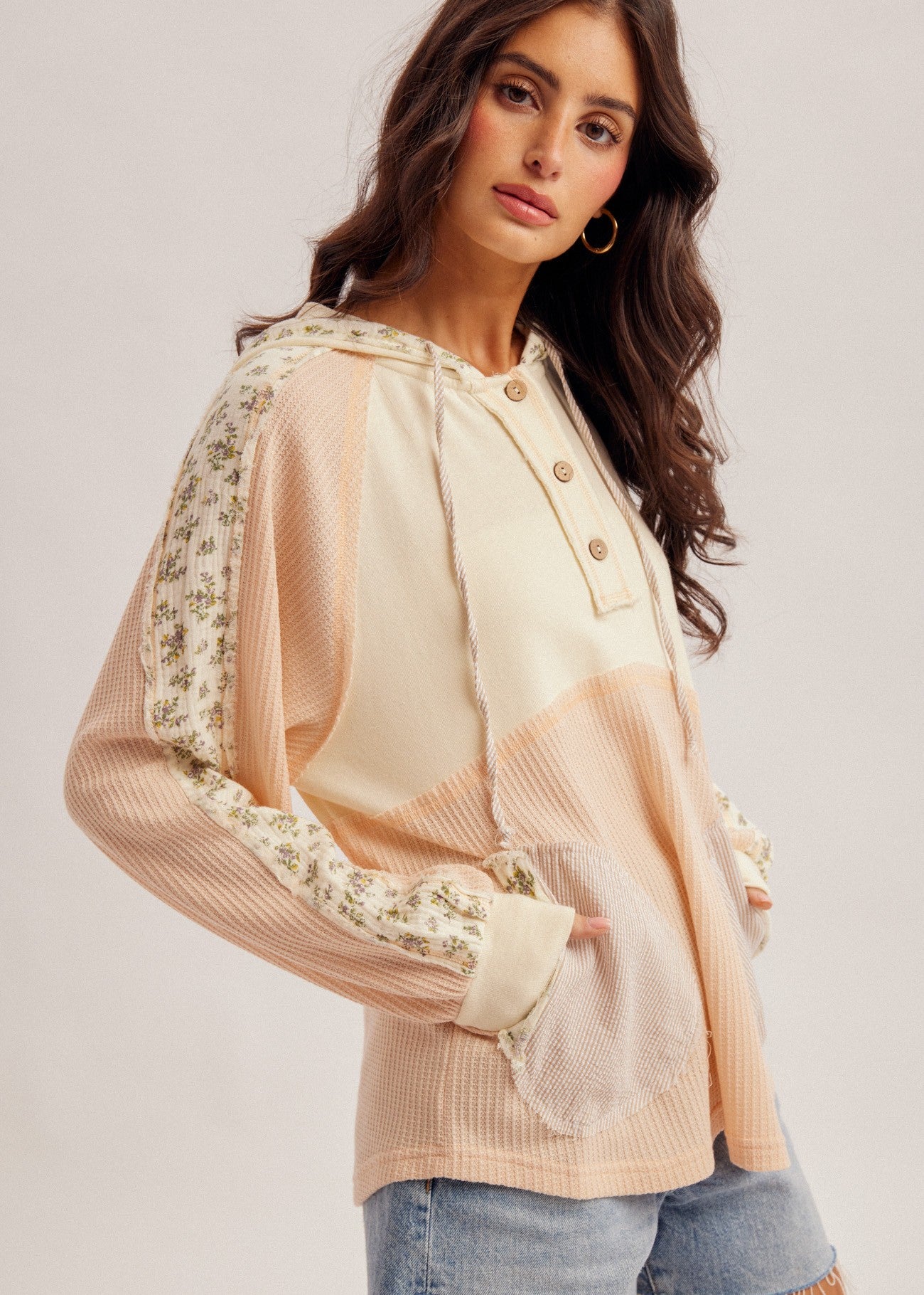 Ivory & Blush Mixed Fabric Hoodie - The Nines