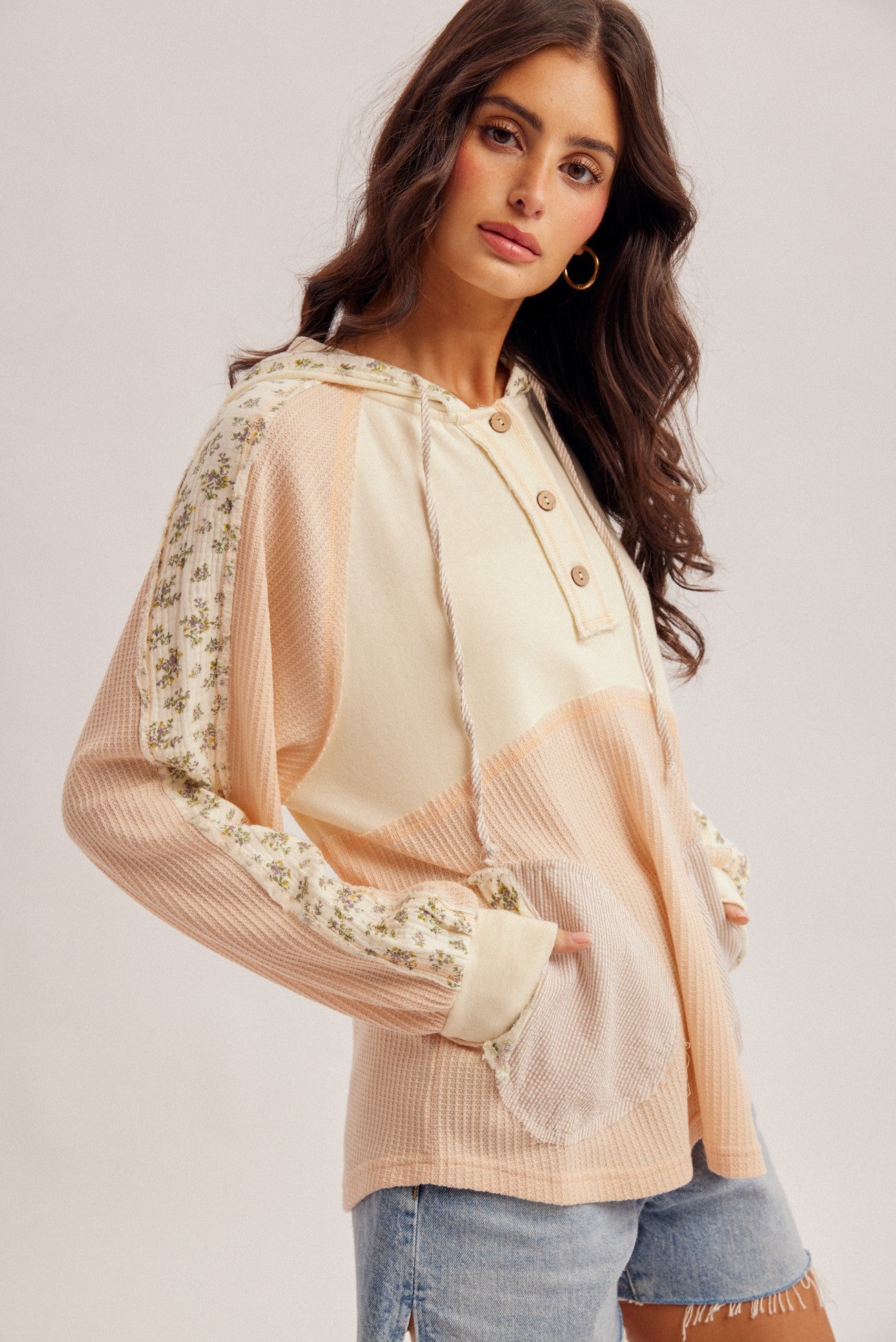 Ivory & Blush Mixed Fabric Hoodie - The Nines