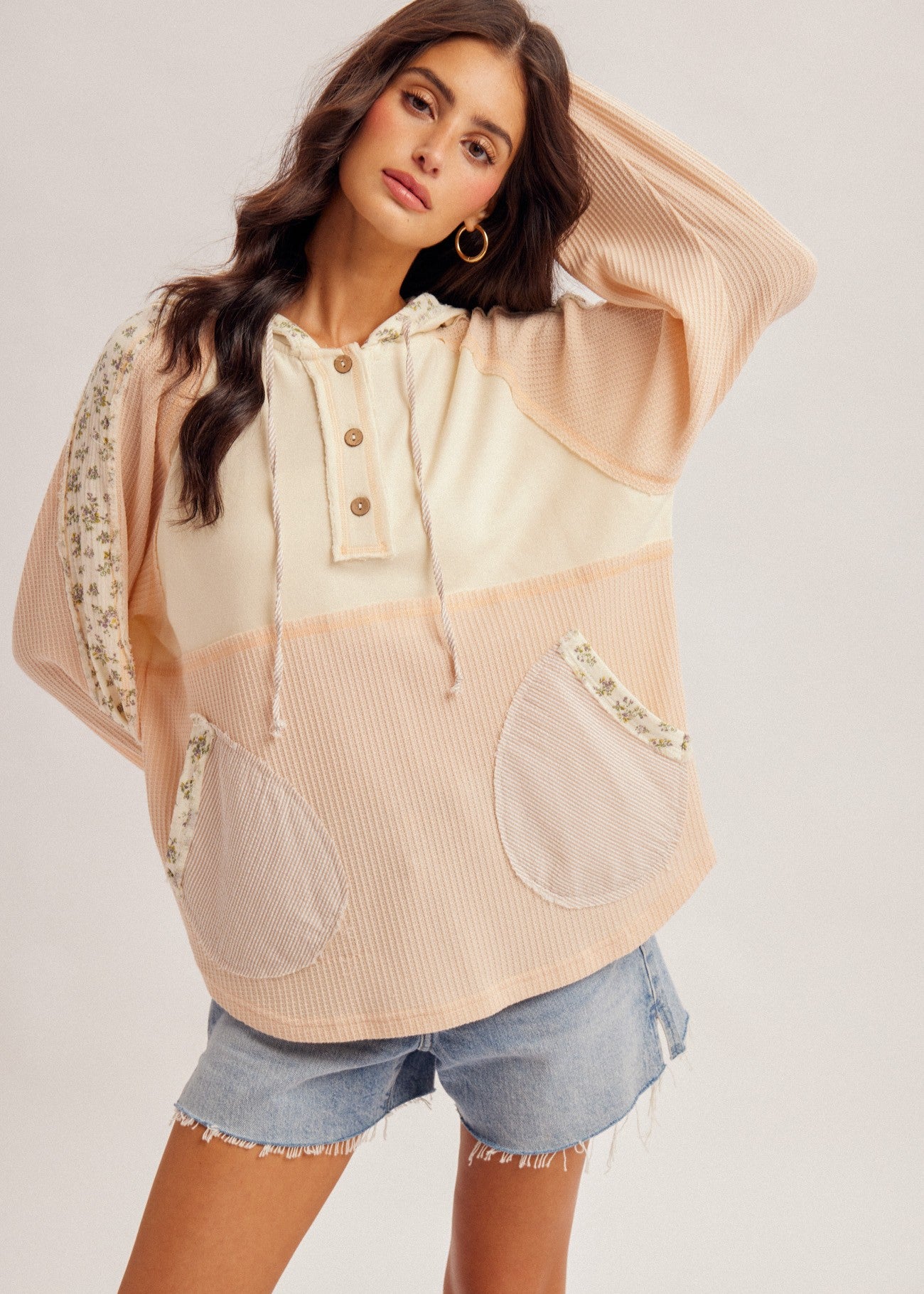 Ivory & Blush Mixed Fabric Hoodie - The Nines