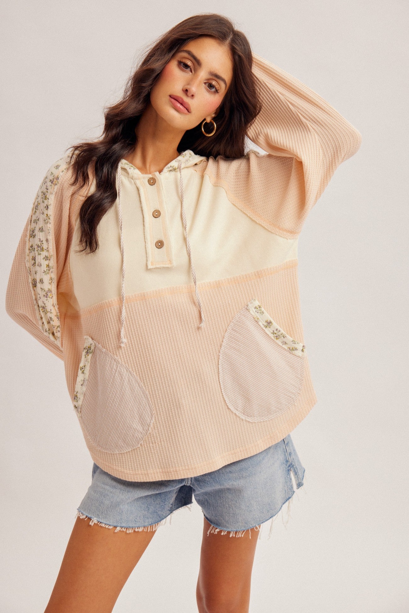 Ivory & Blush Mixed Fabric Hoodie - The Nines