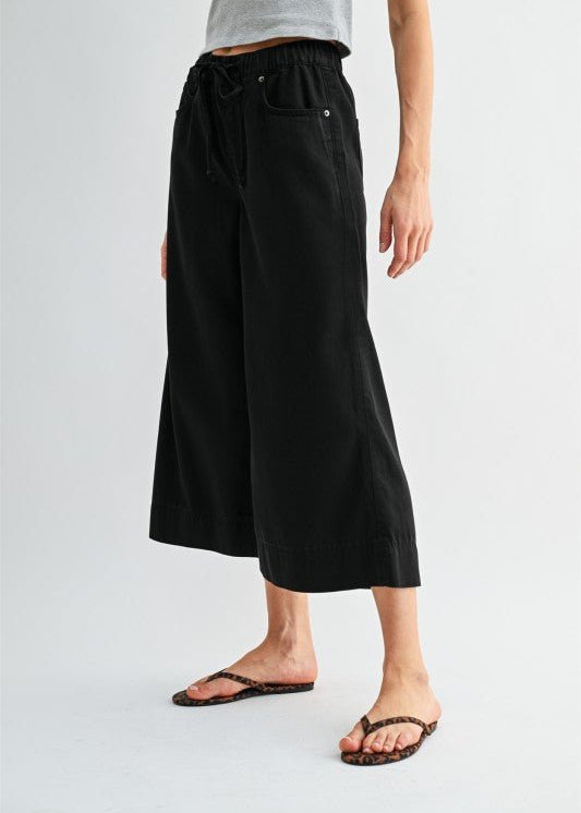 MICA Black Wide Leg Cropped Elastic Waist Pant - The Nines