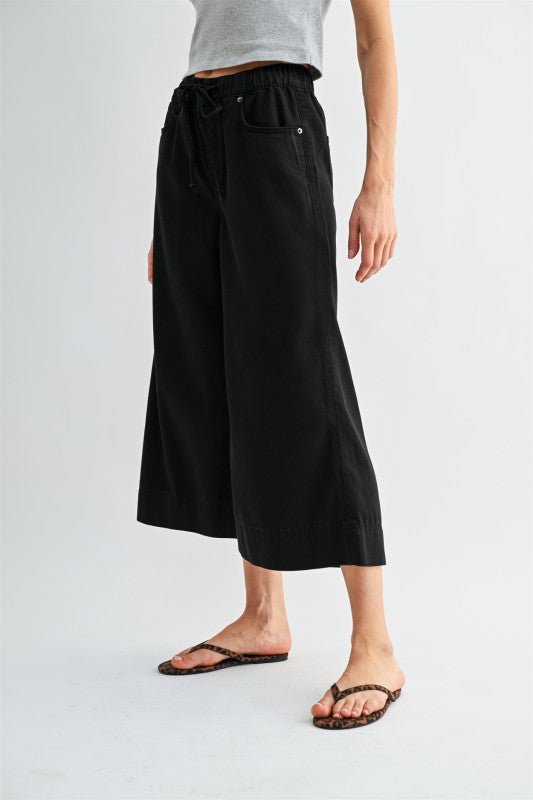 MICA Black Wide Leg Cropped Elastic Waist Pant - The Nines