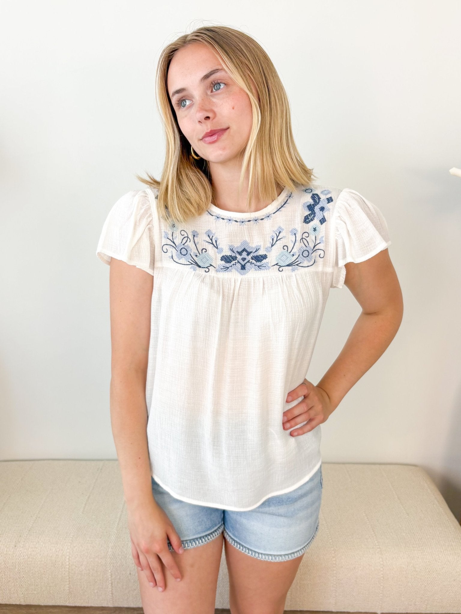 Floral Embroidered Flounce Sleeve Top - The Nines