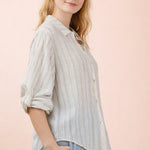 White & Blue Printed Roll Up Sleeve Top - The Nines