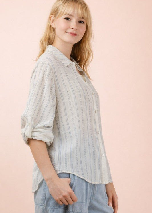 White & Blue Printed Roll Up Sleeve Top - The Nines