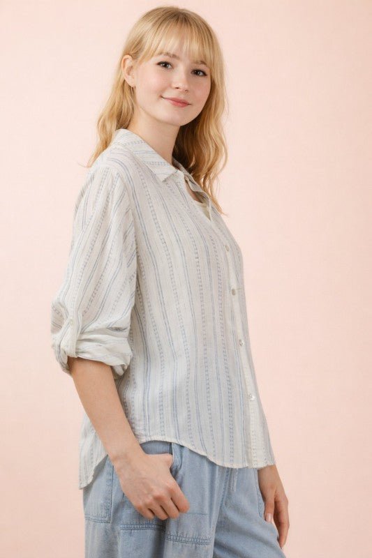 White & Blue Printed Roll Up Sleeve Top - The Nines