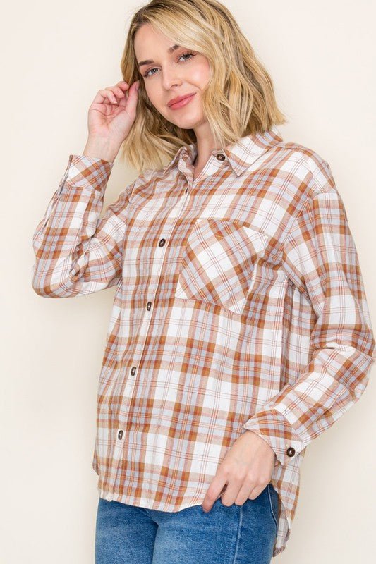 Camel & Light Blue Plaid Top - FINAL SALE! - The Nines
