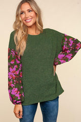 Olive Green Floral Sleeve Top - FINAL SALE