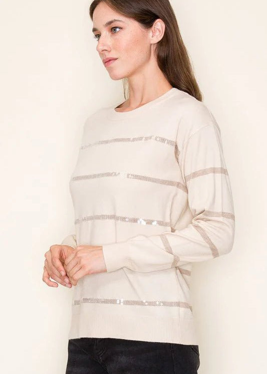Oatmeal Sequin Stripe Pullover - The Nines
