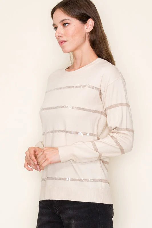 Oatmeal Sequin Stripe Pullover - The Nines