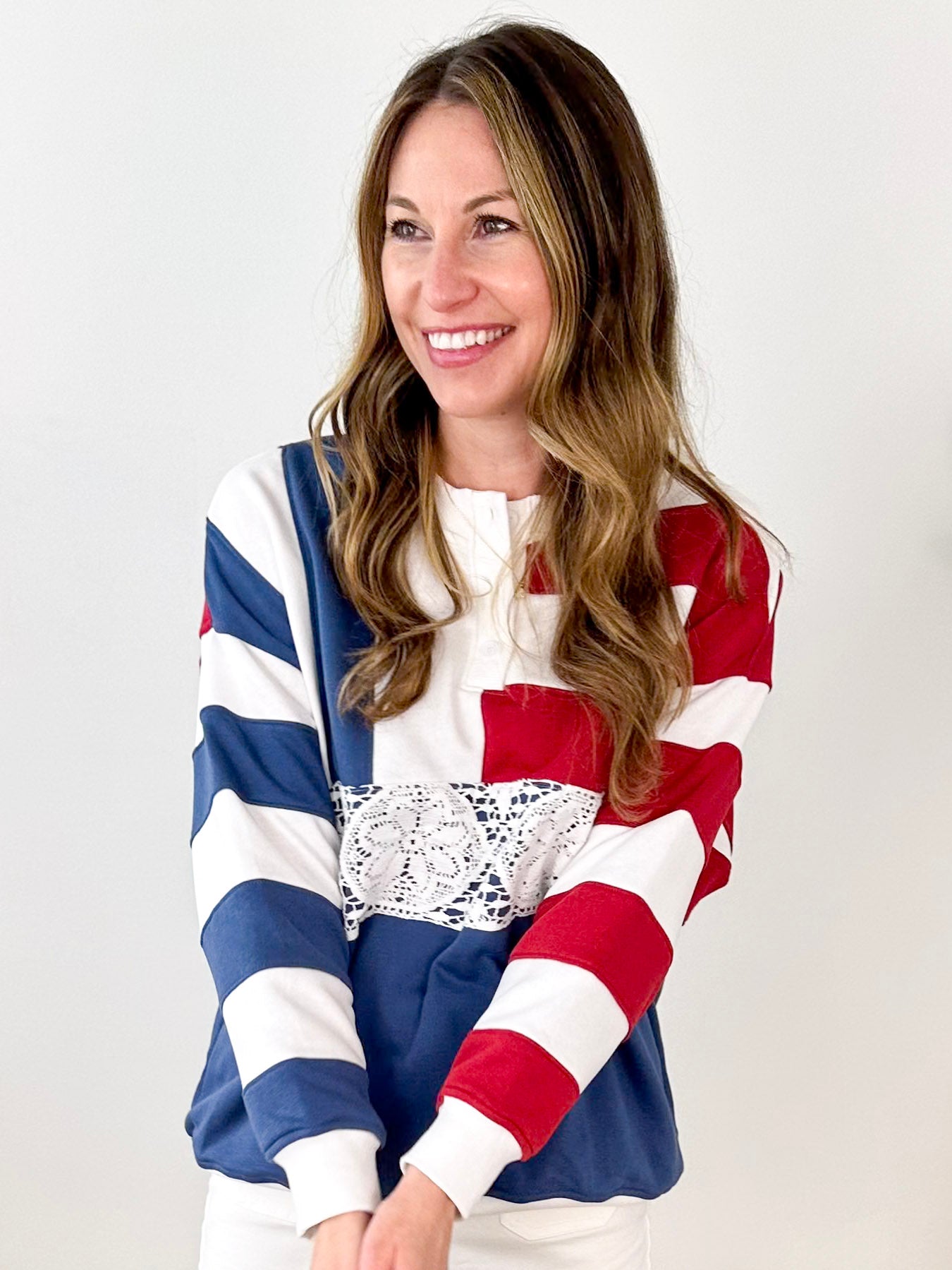 Red, White, & Blue Lace Trim Henley Sweatshirt - The Nines