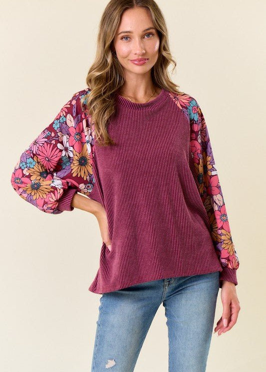 Dahlia Floral Sleeve Ribbed Tops - 2 Colors! - The Nines