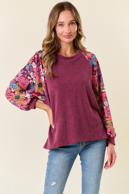 Dahlia Floral Sleeve Ribbed Tops - 2 Colors! - The Nines