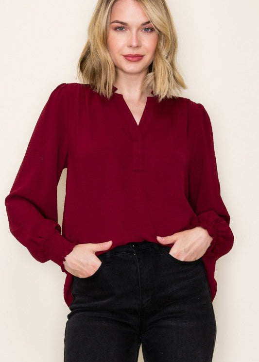Split Neck Smocked Sleeve Top - 3 Colors! - The Nines