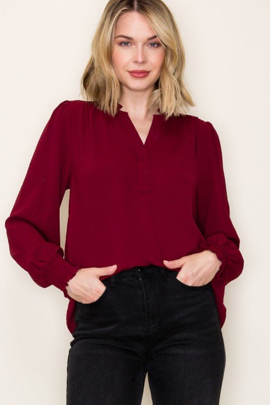 Split Neck Smocked Sleeve Top - 3 Colors! - The Nines