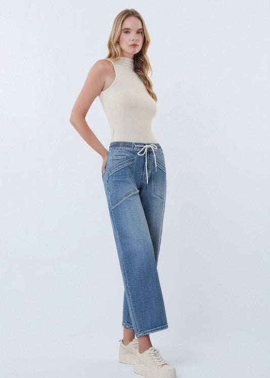 Vervet High Rise Drawstring Waistband Barrel Jeans - The Nines