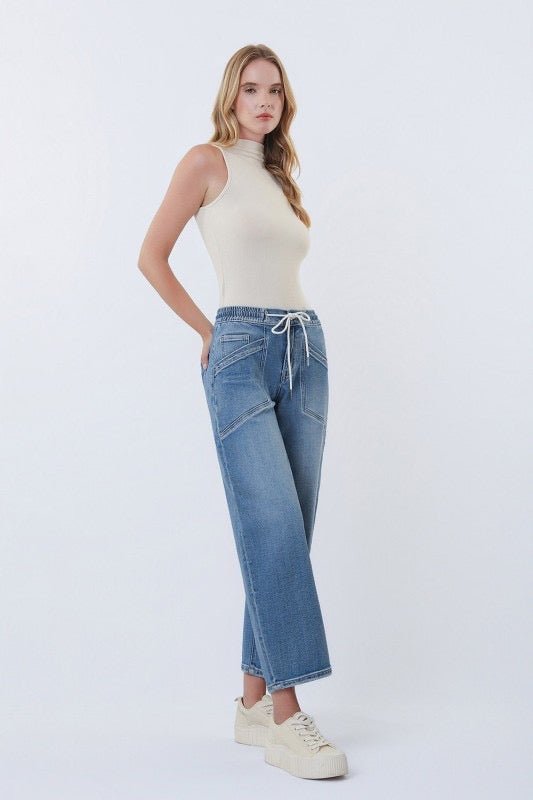 Vervet High Rise Drawstring Waistband Barrel Jeans - The Nines