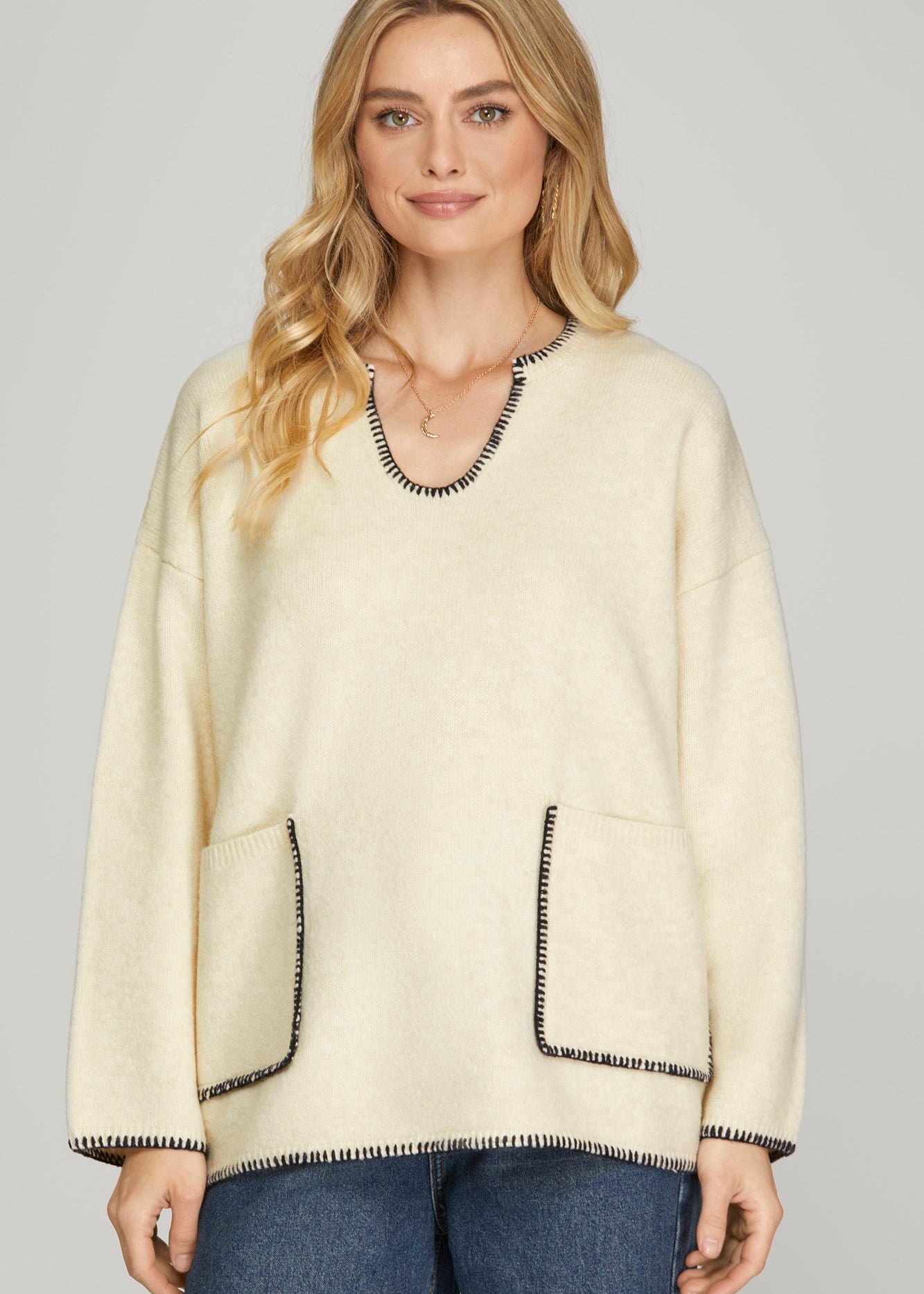 Cream & Black Stitched Sweater - The Nines