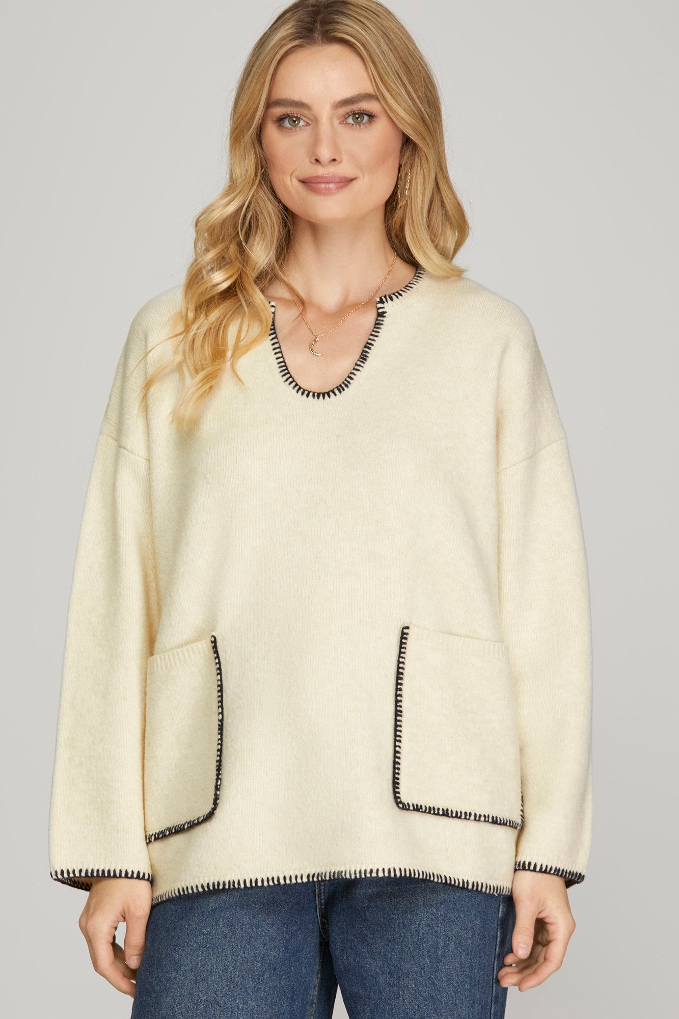 Cream & Black Stitched Sweater - The Nines