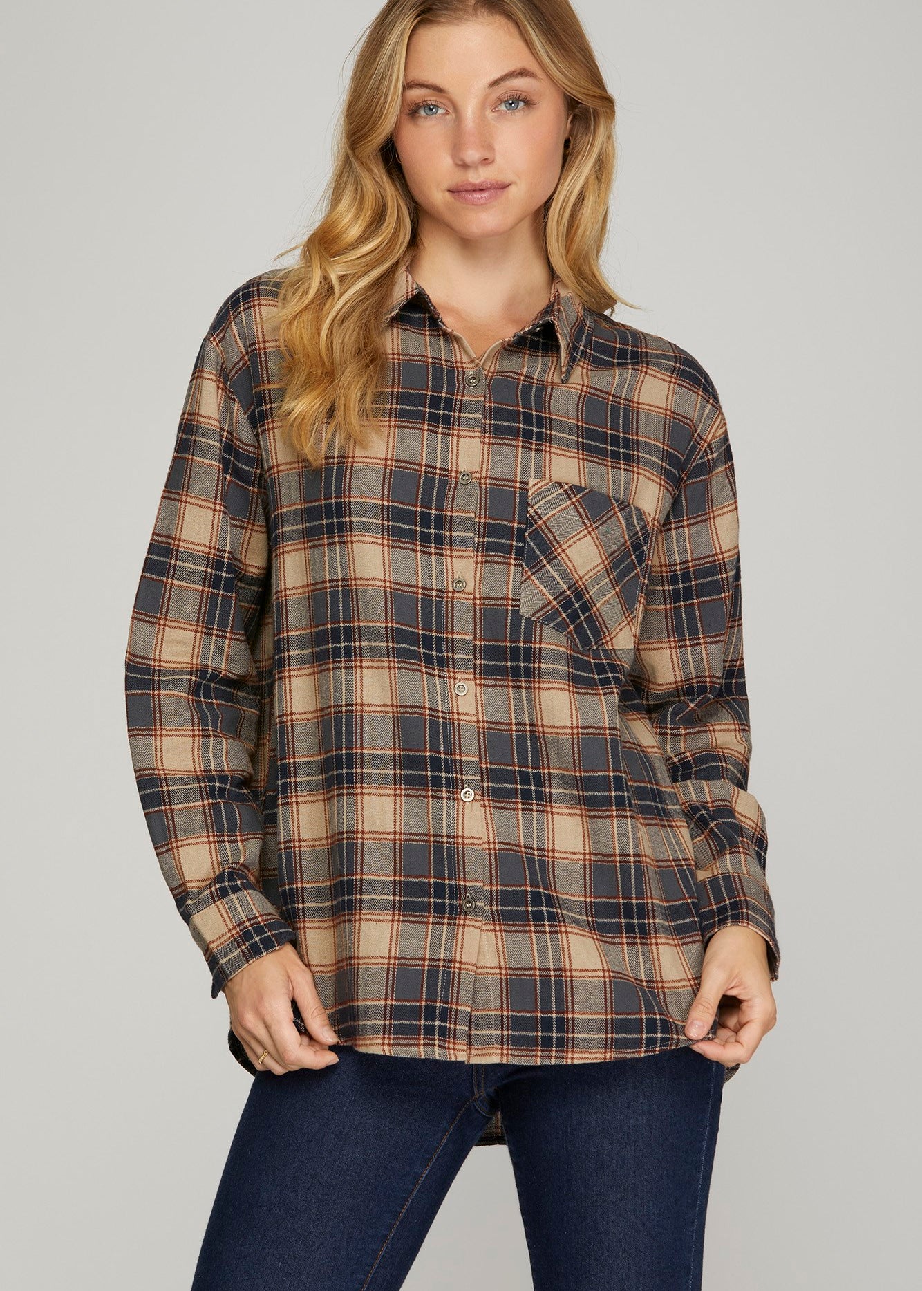 Navy & Brown Plaid Button Up - The Nines