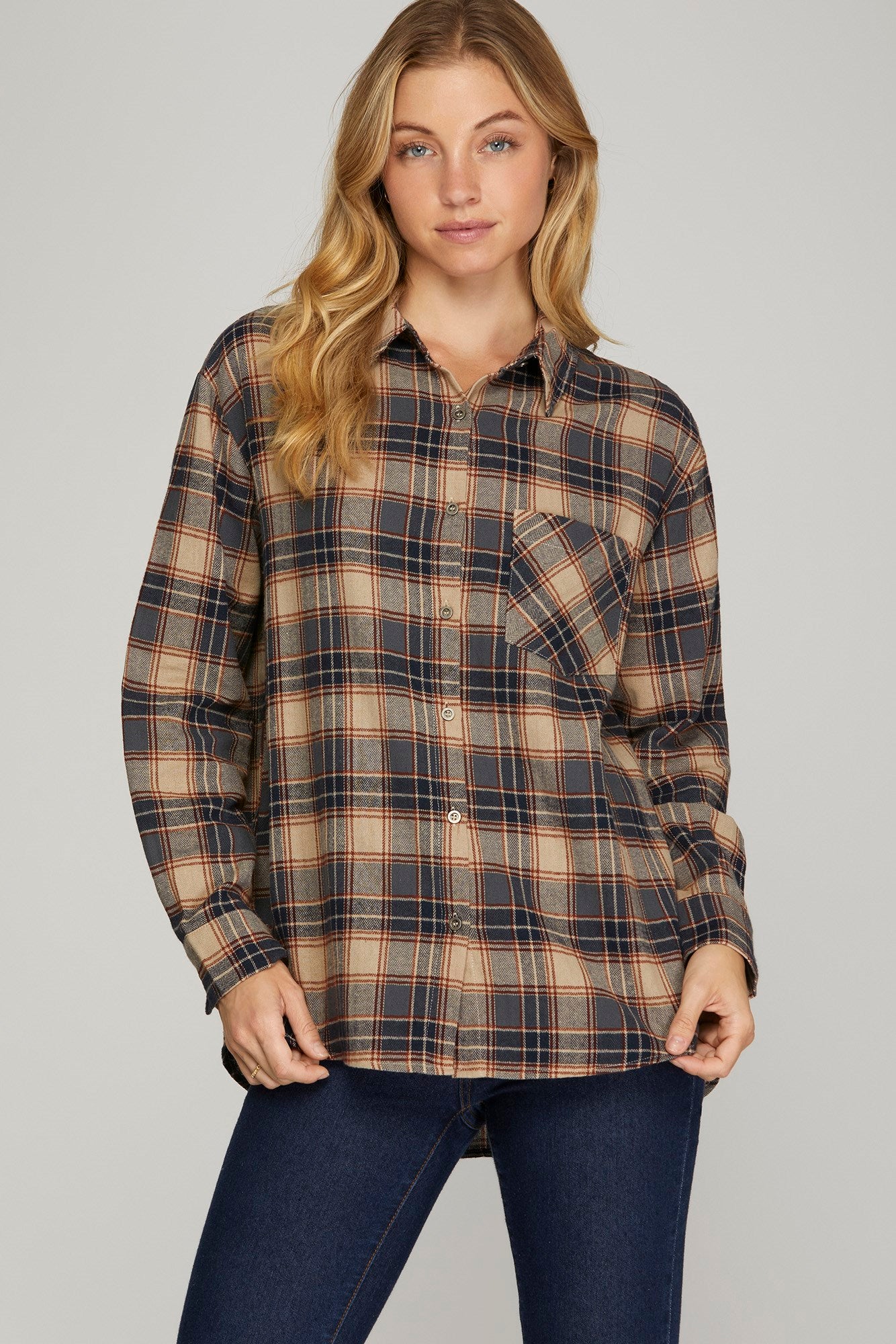 Navy & Brown Plaid Button Up - The Nines