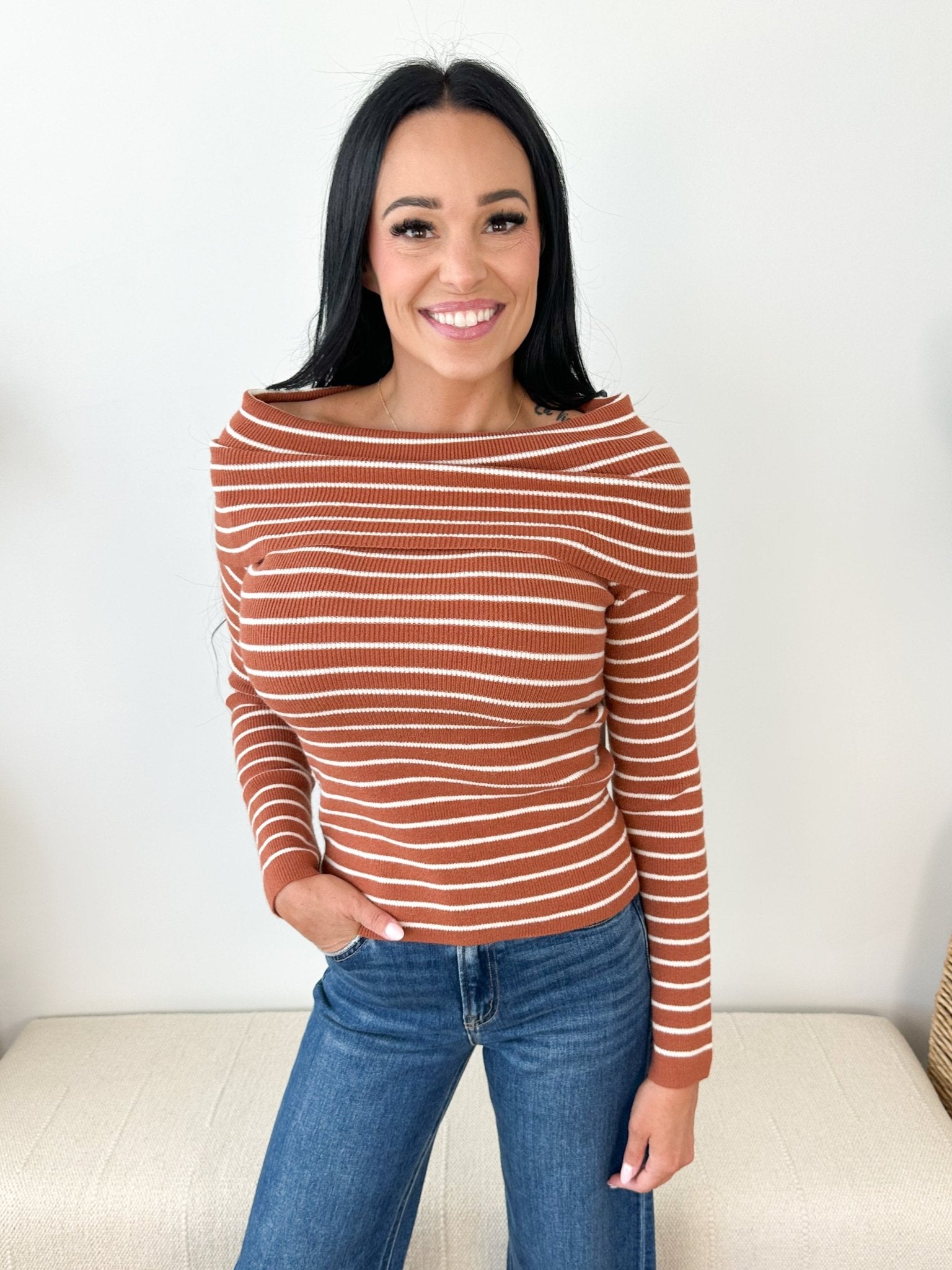 Brigitte Striped Foldover Knit Top - The Nines