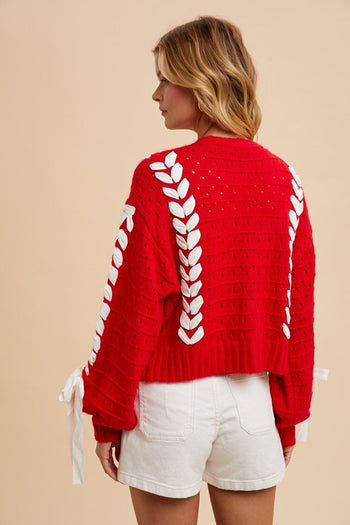 Red Threaded Ribbon Cardigan