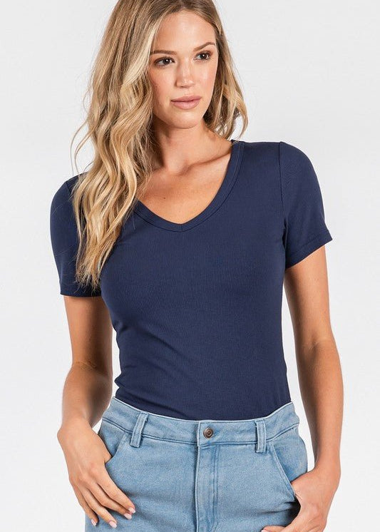Gucci Blue Ribbed V - neck Tee - The Nines