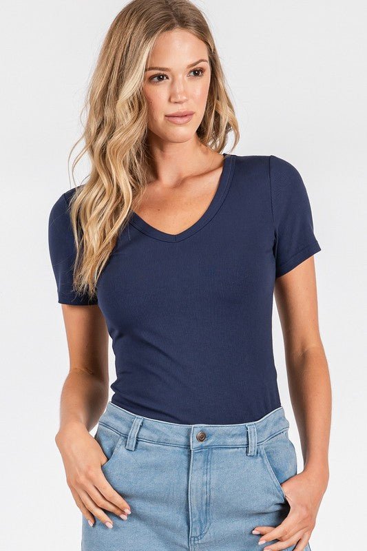 Gucci Blue Ribbed V - neck Tee - The Nines