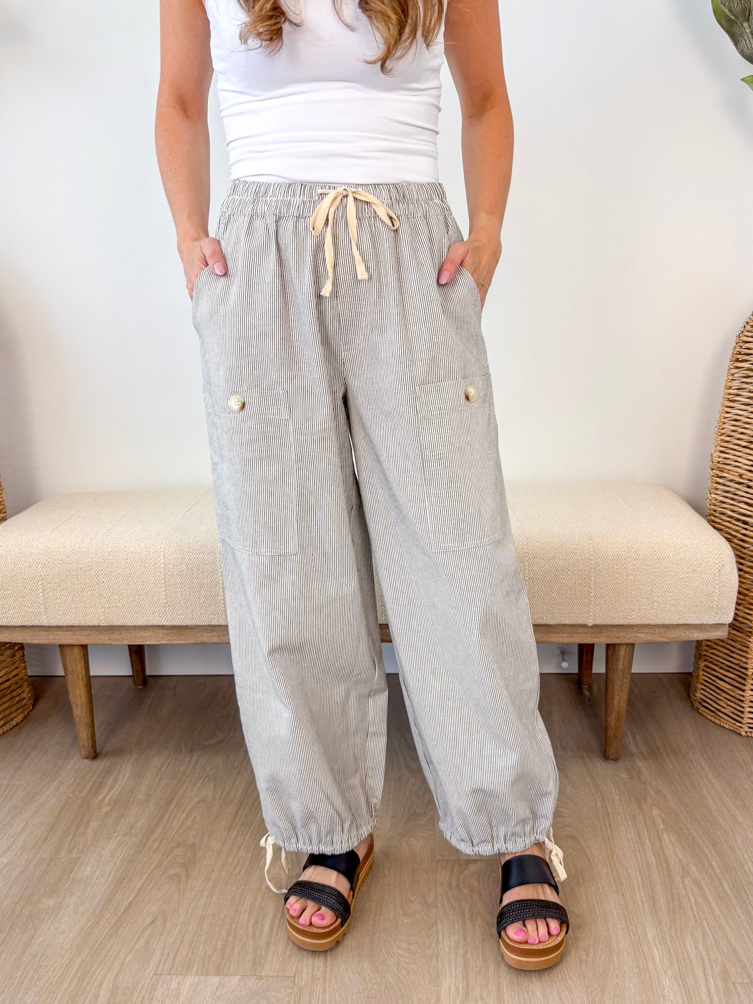 Striped Cargo Tie-Hem Pants