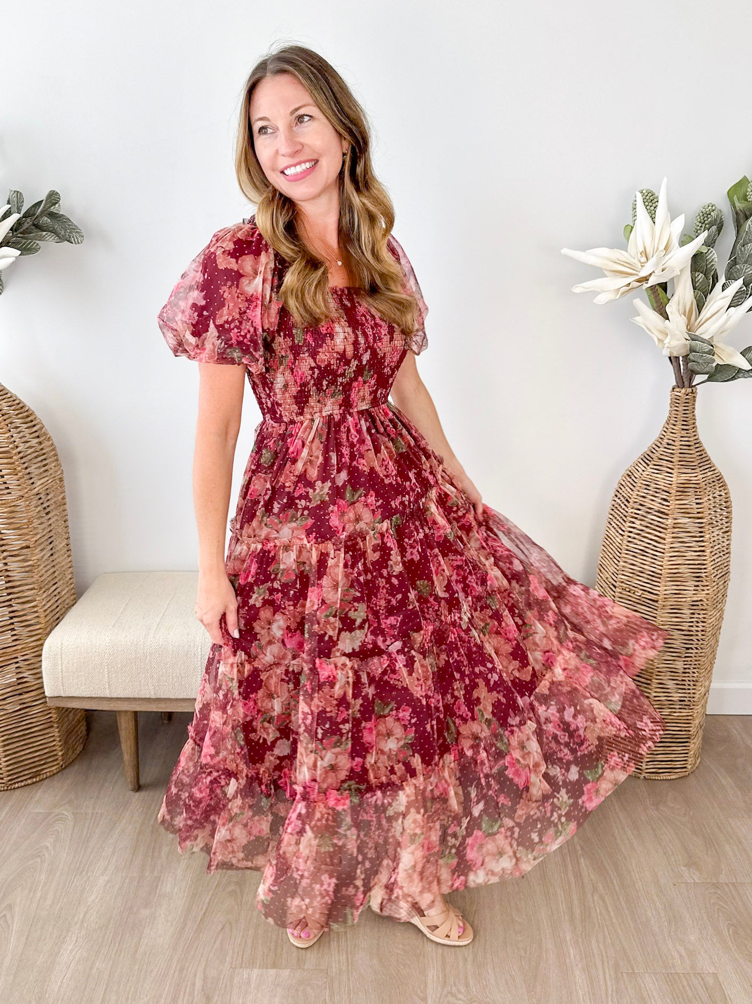 Floral Polka Dot Puff Sleeve Midi Dress - The Nines