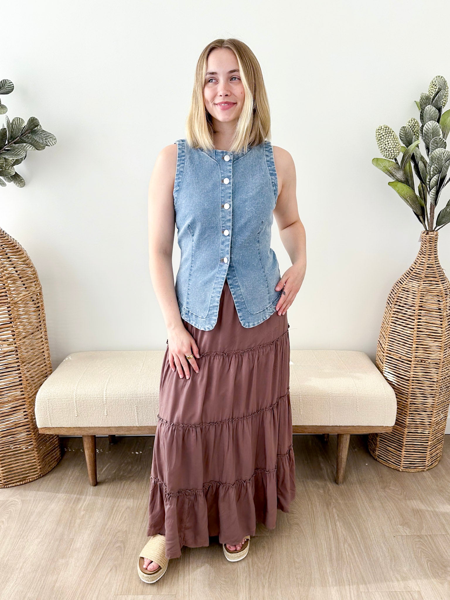 Washed Denim Button Down Vest