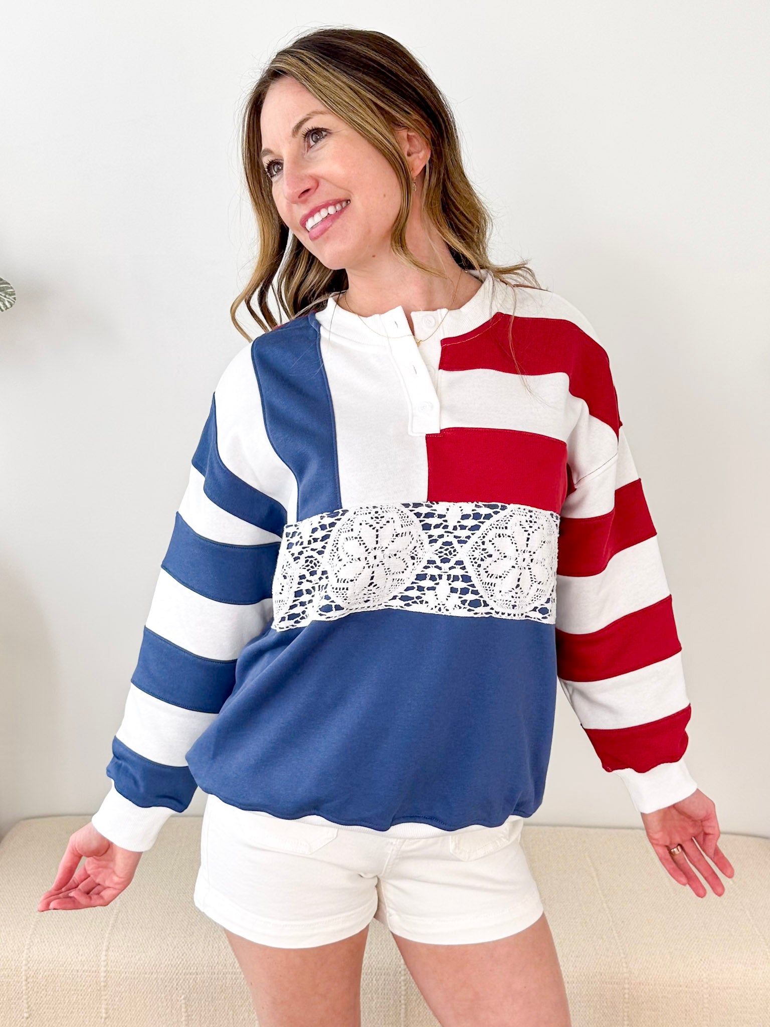Red, White, & Blue Lace Trim Henley Sweatshirt - The Nines