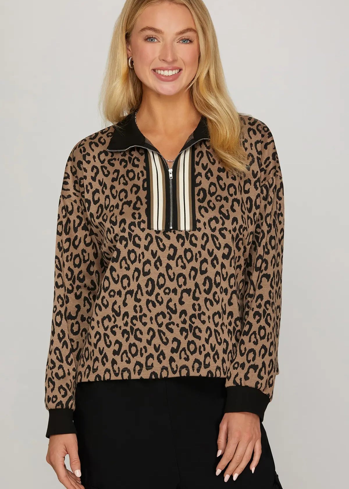 Leopard Band Detail Half Zip Top - The Nines