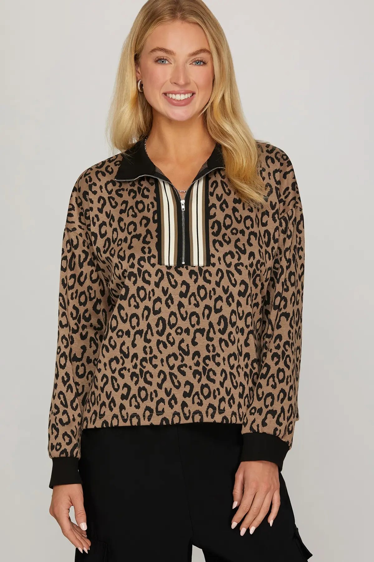 Leopard Band Detail Half Zip Top - The Nines