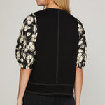 Black Knit Floral Sleeve Top - The Nines