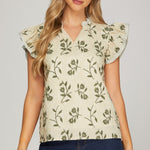 Sage Embroidered Flutter Sleeve Top - The Nines