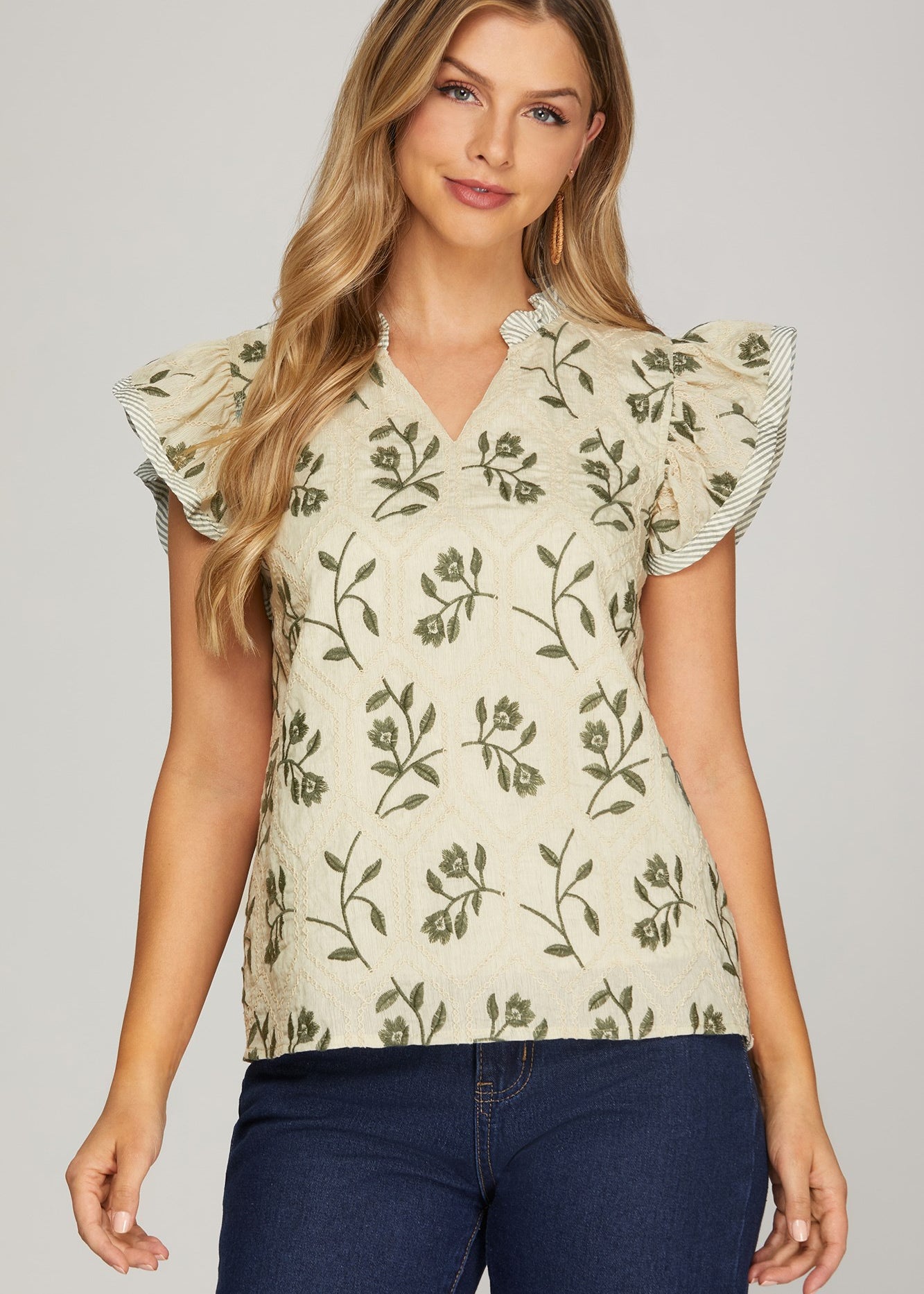 Sage Embroidered Flutter Sleeve Top - The Nines