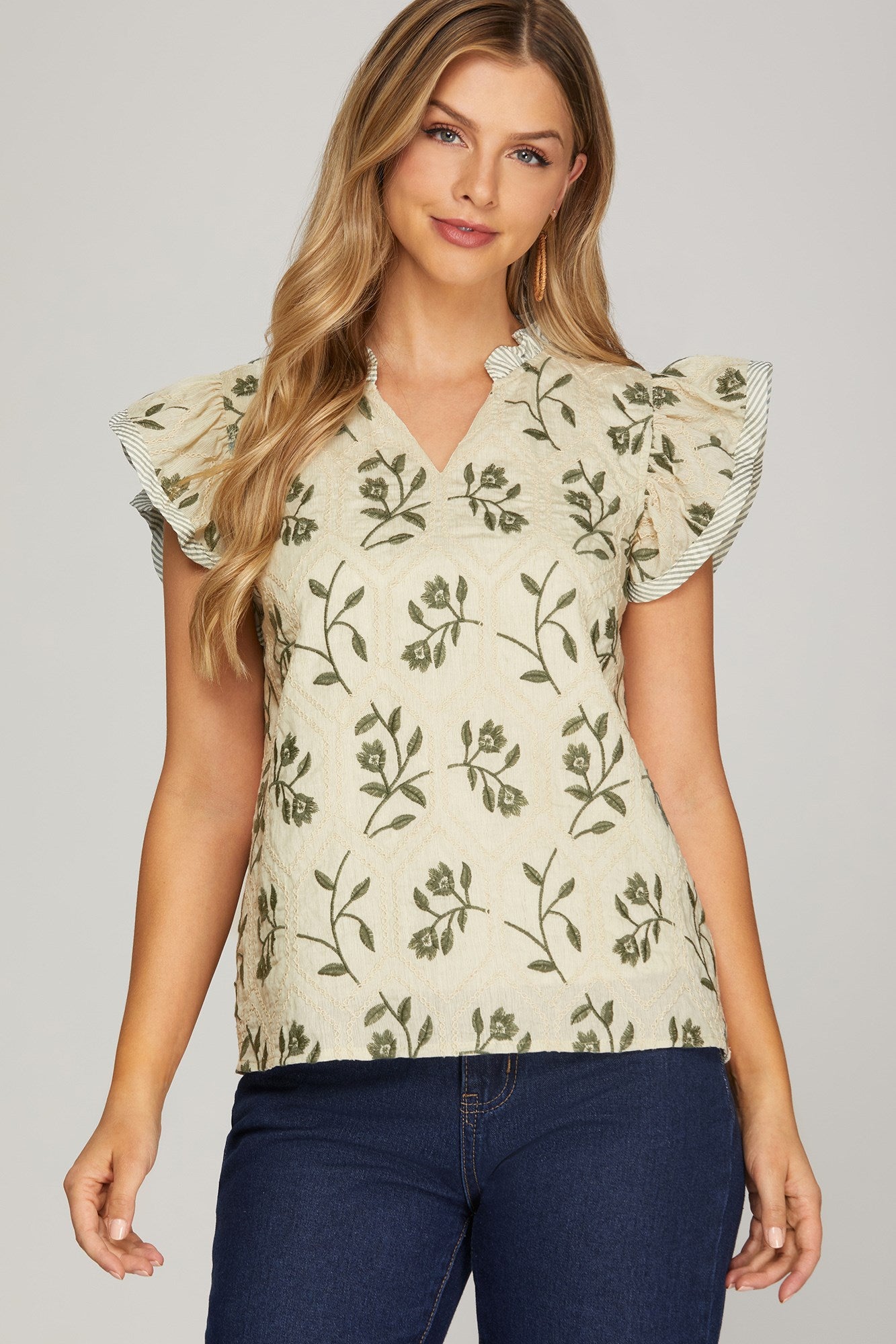 Sage Embroidered Flutter Sleeve Top - The Nines