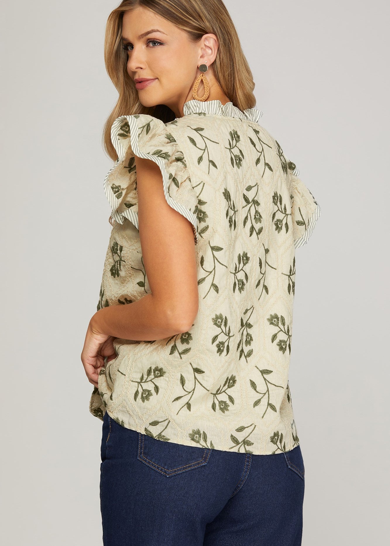 Sage Embroidered Flutter Sleeve Top - The Nines