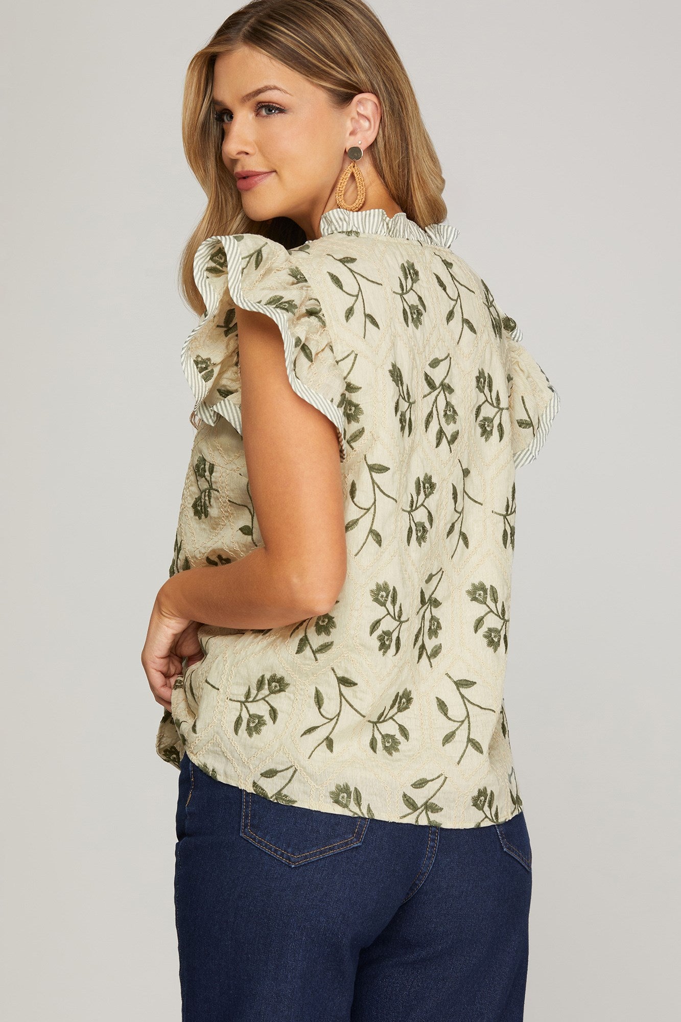 Sage Embroidered Flutter Sleeve Top - The Nines
