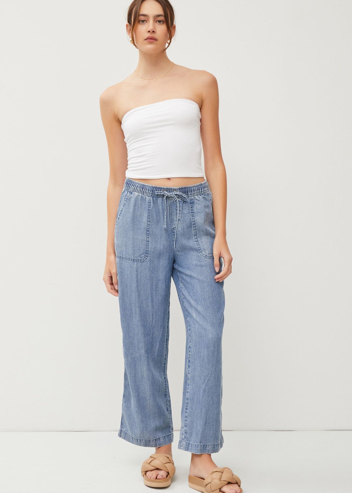 Washed Denim Elastic Waist Pant - The Nines