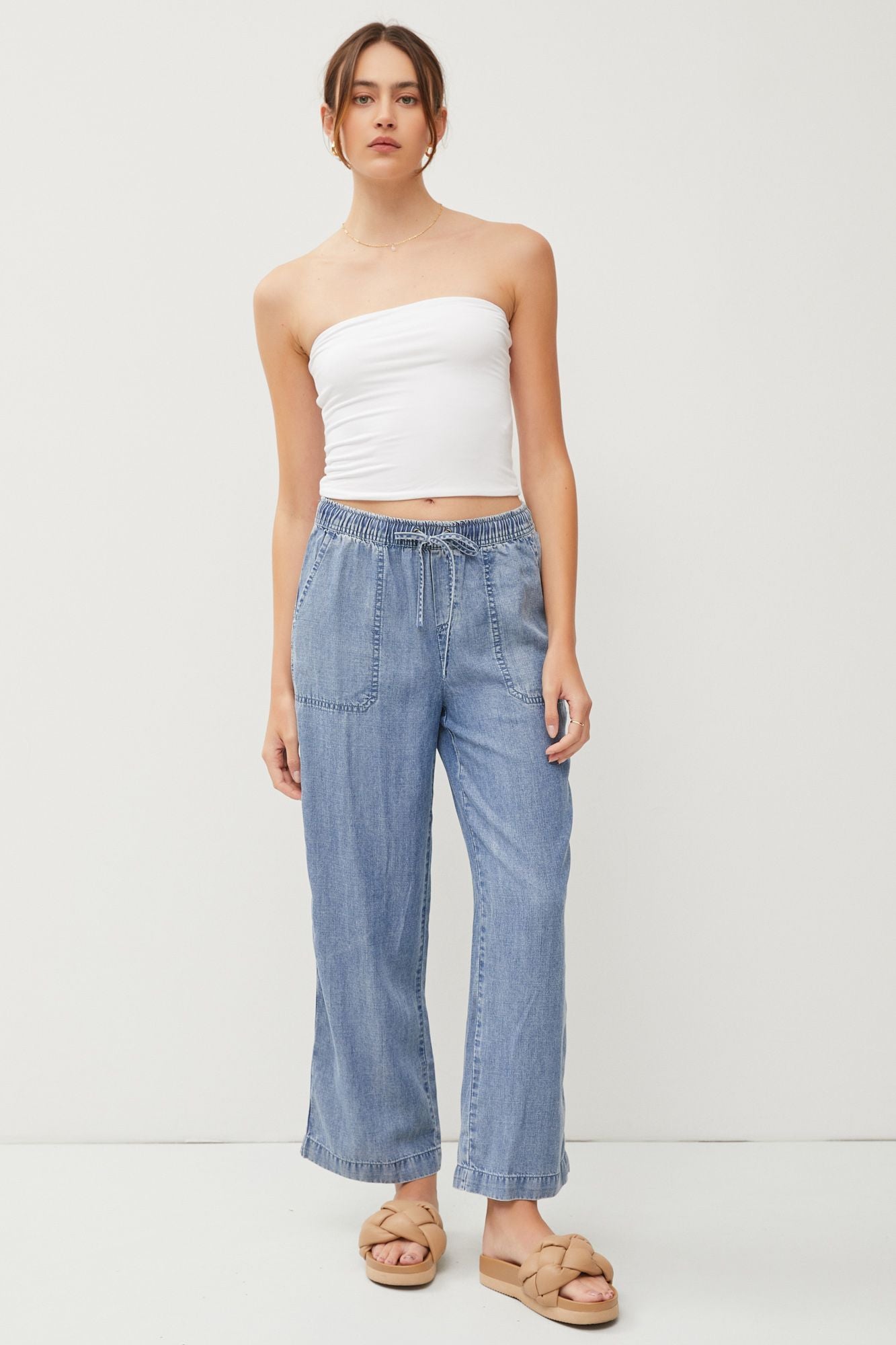 Washed Denim Elastic Waist Pant - The Nines