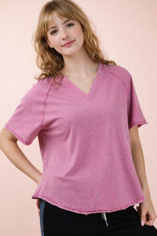 Back Shirred Mineral Wash V - neck Tee - 4 Colors! - The Nines
