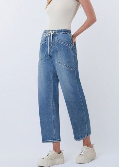 Vervet High Rise Drawstring Waistband Barrel Jeans - The Nines
