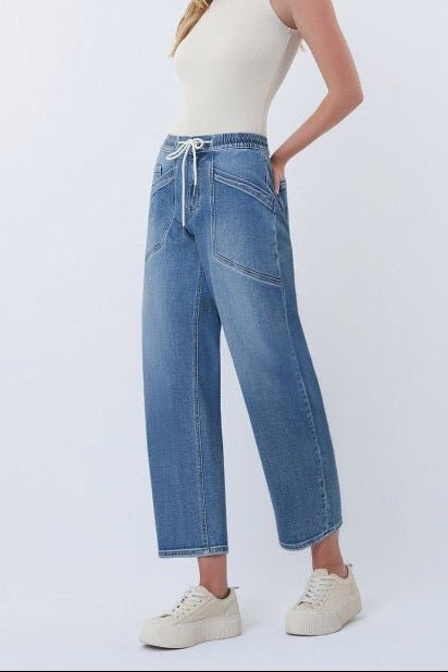 Vervet High Rise Drawstring Waistband Barrel Jeans - The Nines