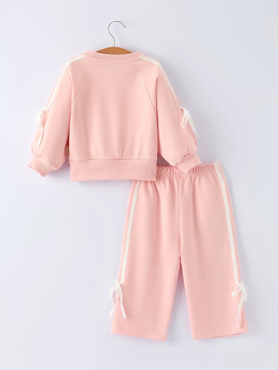 Girls Pink Bow Trim Sweatshirt & Pants Set - The Nines