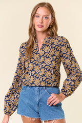 Leaf Print Ruffle Neck Top