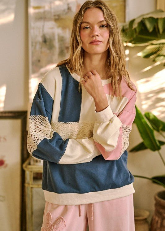 Navy & Pink Lace Detail Pullover - The Nines